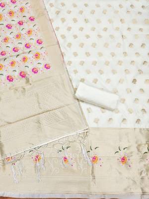 Cream Soft Banarasi silk zari woven design dress material 4