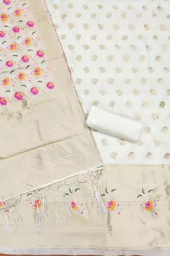 Cream Soft Banarasi silk zari woven design dress material