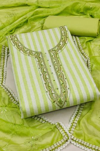 Green Cotton Hand Work Unstitched Dress Material