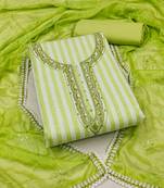 Green Cotton Hand Work Unstitched Dress Material