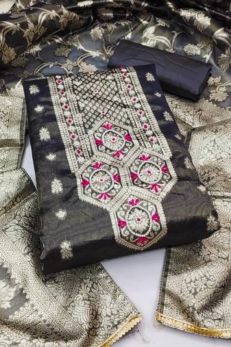 Grey Simar Banarasi Unstitched Dress Material