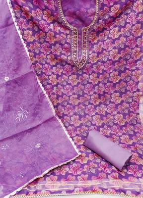Lavender Organza Hand Work Unstitiched Dress Material 2
