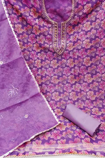 Lavender Organza Hand Work Unstitiched Dress Material