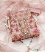 Peach Organza Hand Work Unstitiched Dress Material