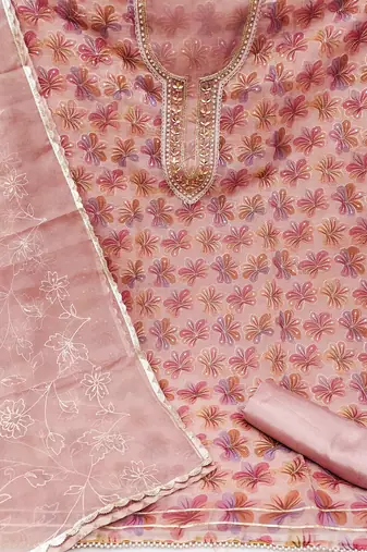 Peach Organza Hand Work Unstitiched Dress Material