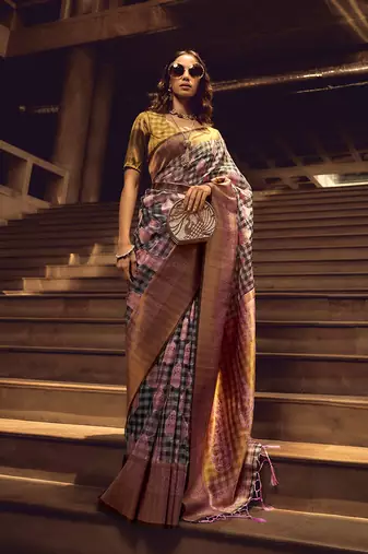 Black & Baby Pink Colour Organza Weaving Saree With Blouse