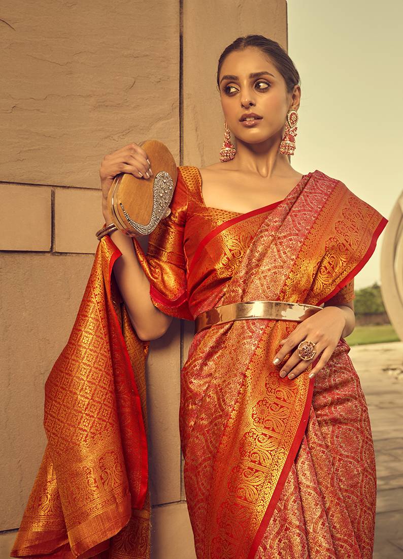 Red colour hand woven silk saree with blouse