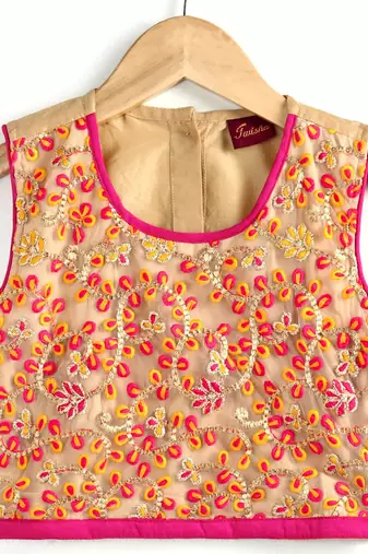 Twisha girls embroidered top & printed dhoti pants - beige & pink
