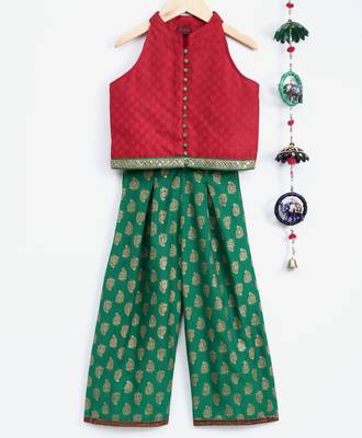 Twisha girls incut style jacquard top & printed palazo - red & green 1