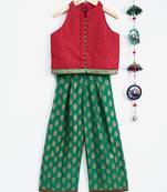 Twisha girls incut style jacquard top & printed palazo - red & green