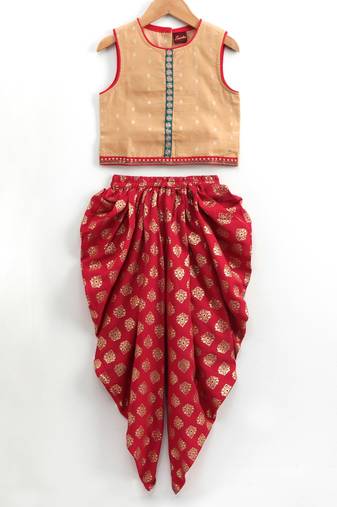 Twisha girls self designed top & printed dhoti pants - beige & maroon