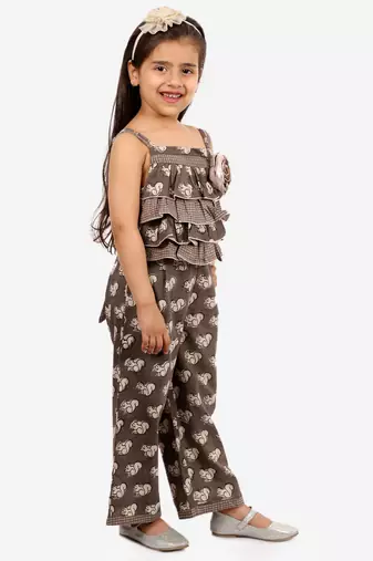 Twisha girls cotton printed jumpsuit - brown