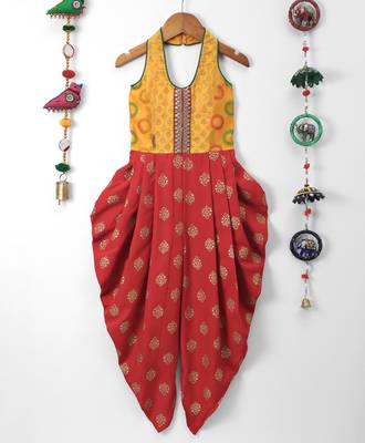 Twisha girls halter neck printed dhoti style jumpsuit - yellow & red 1