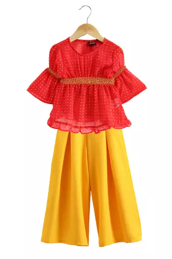 Twisha girls georgette printed top & palazzo - coral & yellow