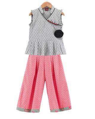 Twisha girls self design peplum top & printed palazzo - grey & peach 1