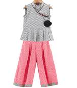 Twisha girls self design peplum top & printed palazzo - grey & peach