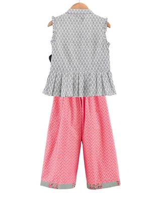 Twisha girls self design peplum top & printed palazzo - grey & peach 2