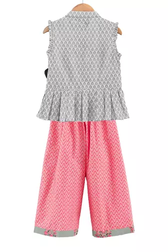Twisha girls self design peplum top & printed palazzo - grey & peach