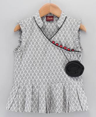 Twisha girls self design peplum top & printed palazzo - grey & peach 3