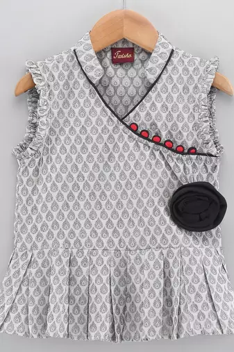 Twisha girls self design peplum top & printed palazzo - grey & peach