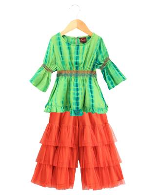 Twisha girls tie & dye effect top & layerd net sharara - green & orange 1