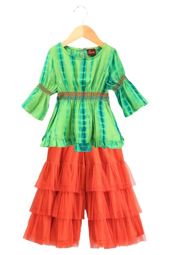 Twisha girls tie & dye effect top & layerd net sharara - green & orange