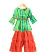 Twisha girls tie & dye effect top & layerd net sharara - green & orange