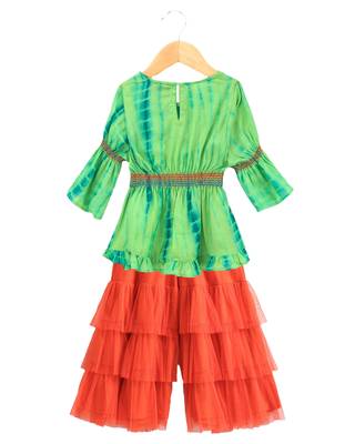 Twisha girls tie & dye effect top & layerd net sharara - green & orange 2