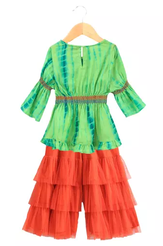 Twisha girls tie & dye effect top & layerd net sharara - green & orange
