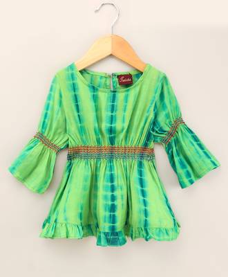 Twisha girls tie & dye effect top & layerd net sharara - green & orange 3