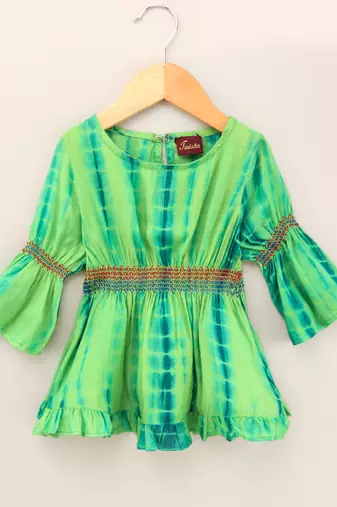 Twisha girls tie & dye effect top & layerd net sharara - green & orange