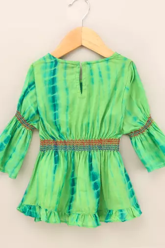 Twisha girls tie & dye effect top & layerd net sharara - green & orange