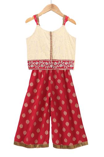 Twisha girls printed top embellished with lace & printed palazzo - off white & red