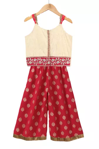 Twisha girls printed top embellished with lace & printed palazzo - off white & red