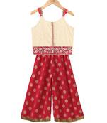 Twisha girls printed top embellished with lace & printed palazzo - off white & red