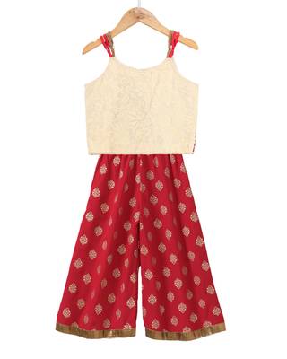 Twisha girls printed top embellished with lace & printed palazzo - off white & red 2