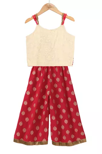 Twisha girls printed top embellished with lace & printed palazzo - off white & red
