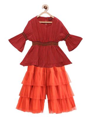 Twisha girls rayon striped top & layered net sharara - red & orange 1