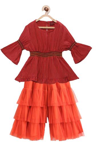 Twisha girls rayon striped top & layered net sharara - red & orange