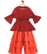 Twisha girls rayon striped top & layered net sharara - red & orange