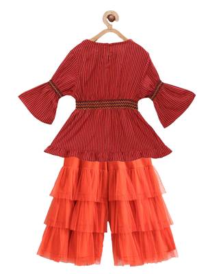 Twisha girls rayon striped top & layered net sharara - red & orange 2