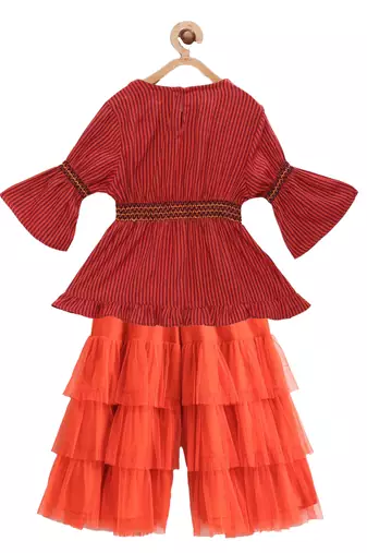 Twisha girls rayon striped top & layered net sharara - red & orange