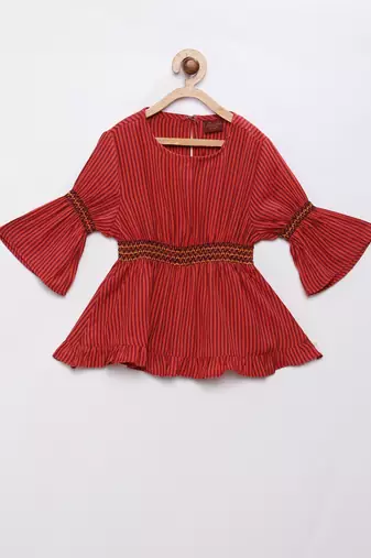 Twisha girls rayon striped top & layered net sharara - red & orange