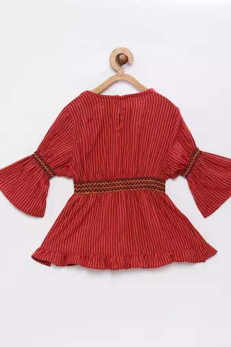 Twisha girls rayon striped top & layered net sharara - red & orange