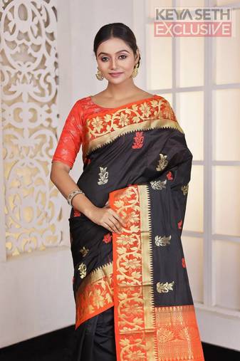 Black Embroidery worked Pure Faux Kanjivaram