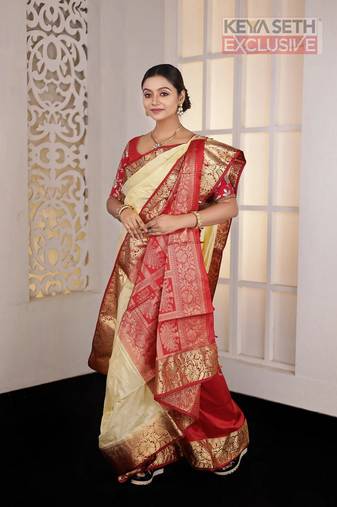 Offwhite zari worked Pure Faux Kanjivaram