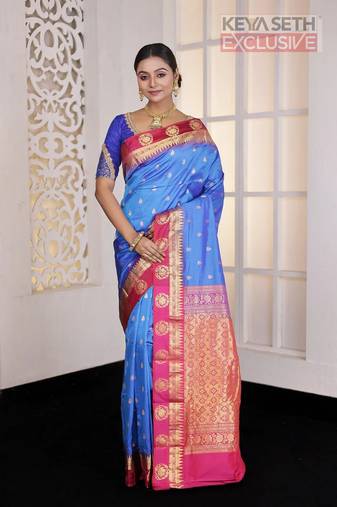 Blue Zari worked Pure Faux Kanjivaram