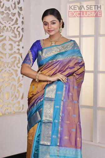 Dual Tone Mustard Yellow zari worked Pure Faux Kanjivaram