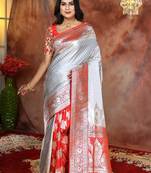 Grey Red Patli Pallu Banarasi