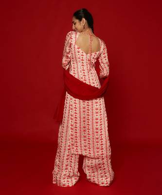 White & red floral stripes kurta set 3